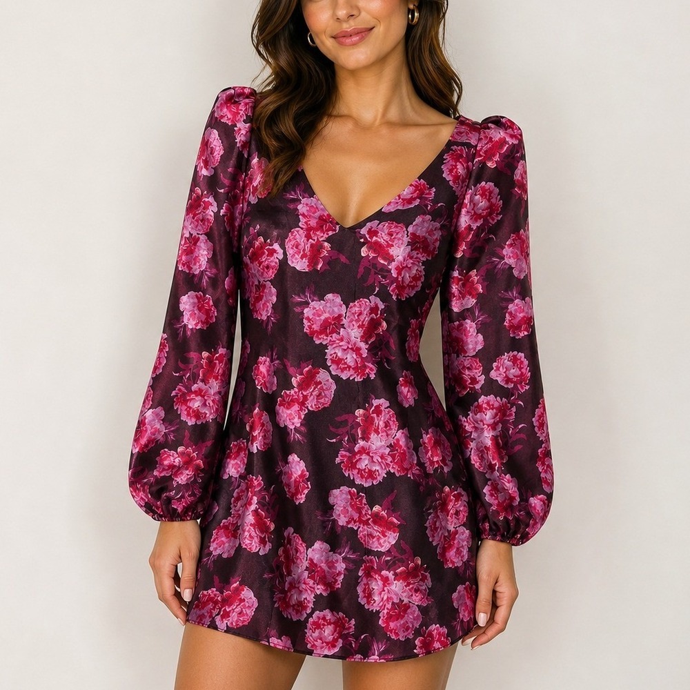BHLDN Aliana Floral Organza Mini Dress XS Burgundy Pink Puff‎ Sleeve Babydoll
